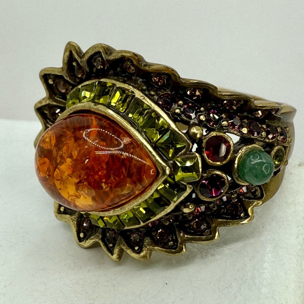 Vintage Heidi Daus Statement Ring – Amber Cabochon w Multi-Color Crystals Sz 7 - Picture 8 of 17